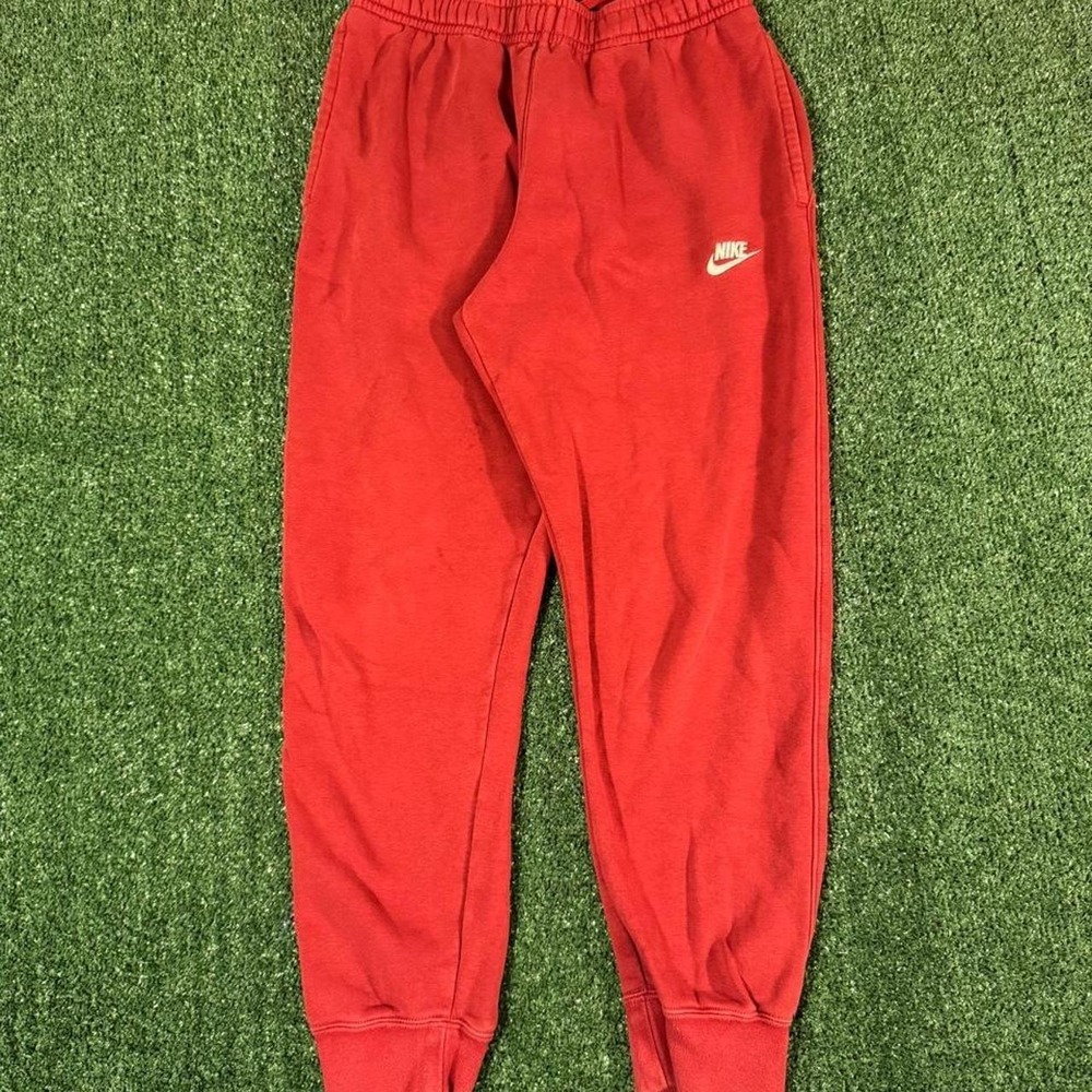 Nike Mens Red Fleece Joggers White Swoosh Sweatpants Size M 0325